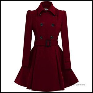 Wool Pea Coat with Belt, Double Breasted, Fitted Flared Overcoat for Winter